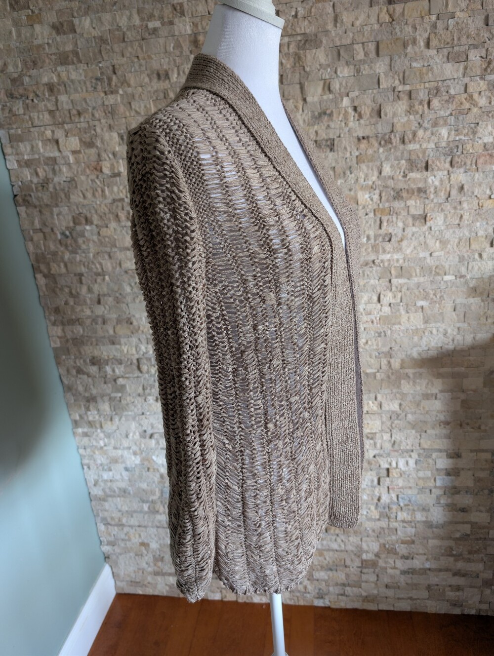 Chicos Woven Open Knit Cardigan Neutral Beige Coastal Sz M Granola Cottage Tan image 2